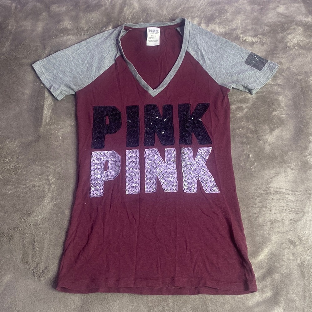 VS PINK Burgundy Sequin Jersey Short Sleeve T-Shirt, Size: XS
